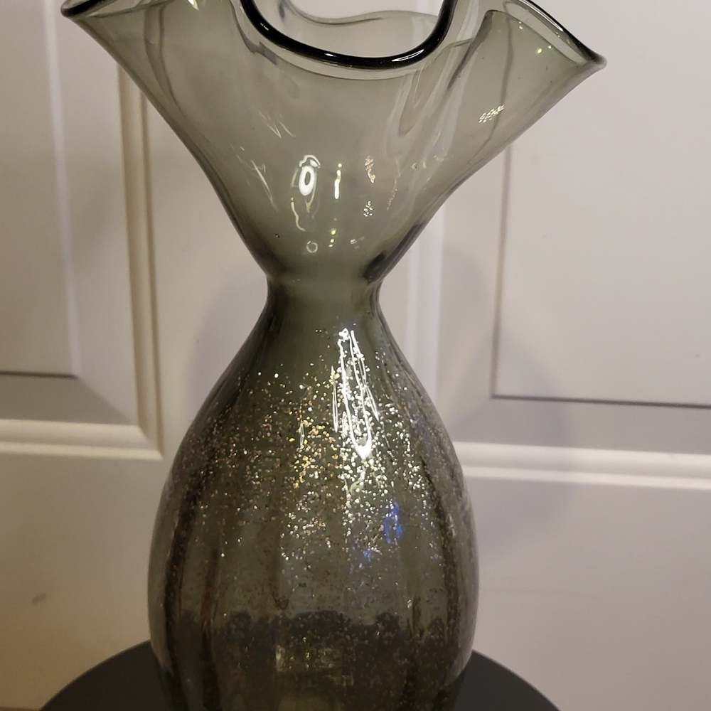 Murano Style Vintage Grey Glass w/ Silver Flake Hand Blown Vase 12" - Picture 5 of 13